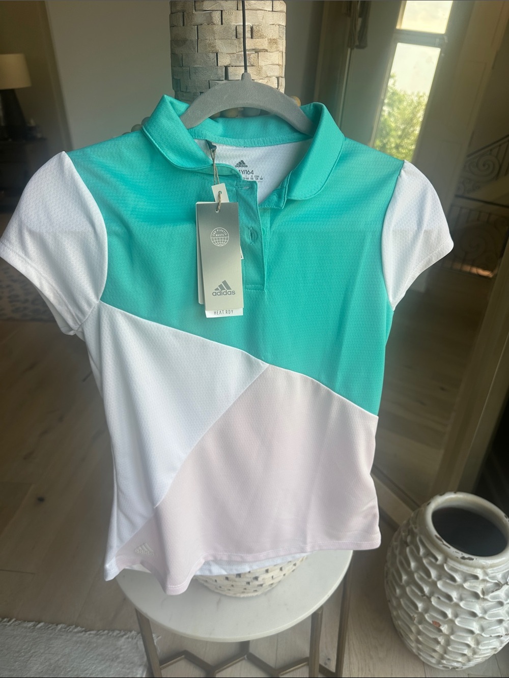 adidas Girls Aqua, White & Light Pink Colorblock Polo